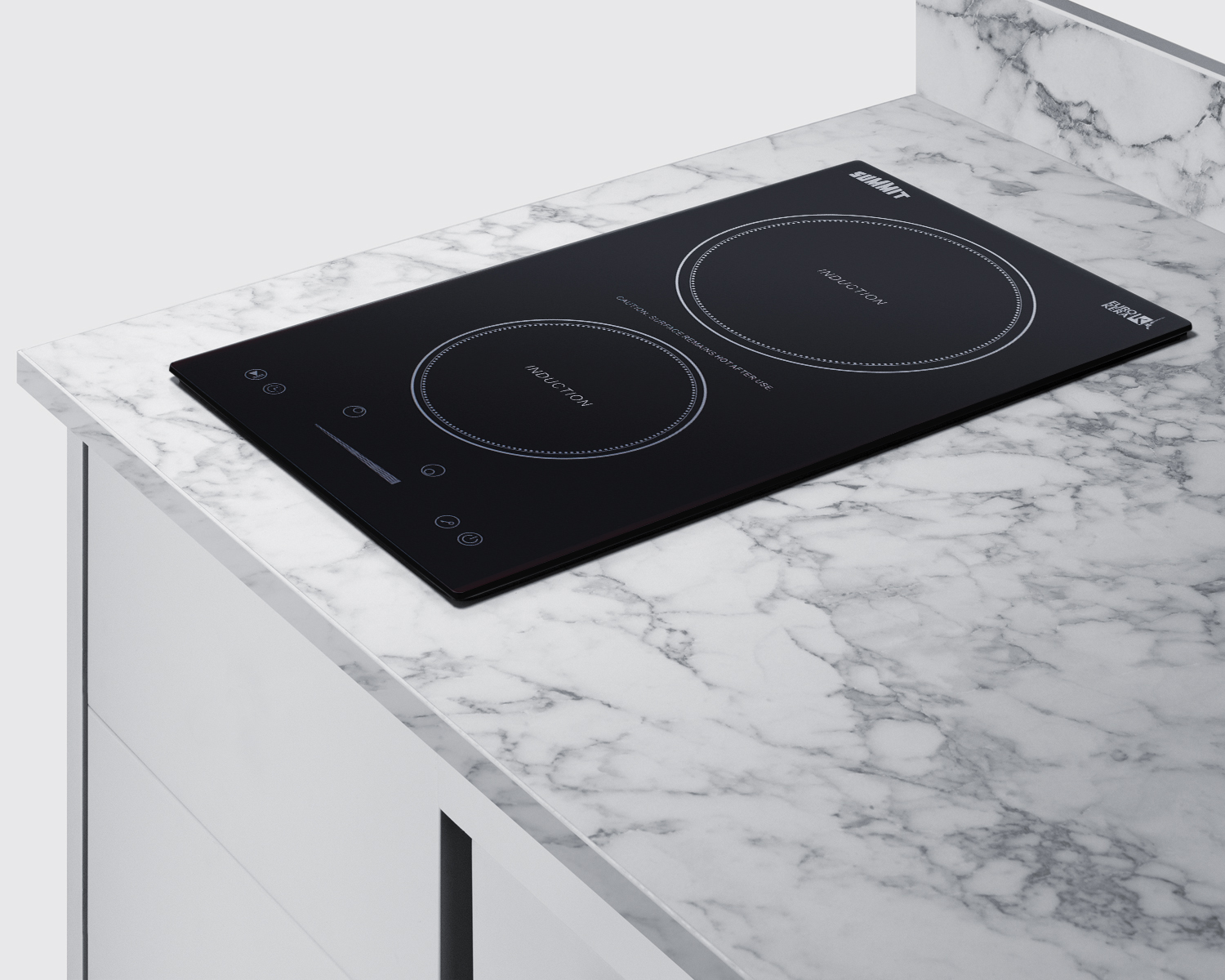Turnkey Caldera Kitchen featuring pre-assembled cabinetry and countertop in a modern midnight navy finish, complete with ENERGY STAR certified refrigerator-freezer, ENERGY STAR certified 115V induction cooktop, storage drawers, and sink with faucet; ships in two boxes on one pallet